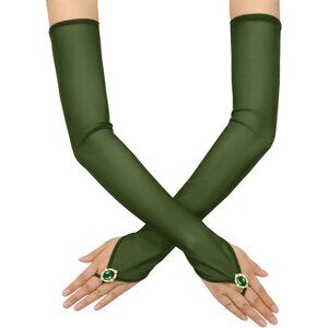 Women's Green Long Fabric Finger Loop Gloves Bridal Wedding Party Costume